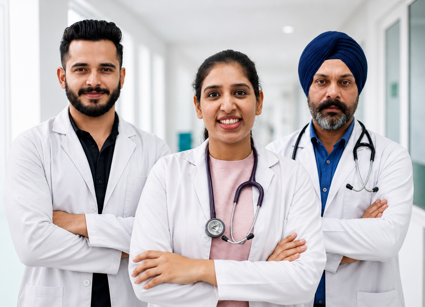 Healthcare professionals in a hospital corridor